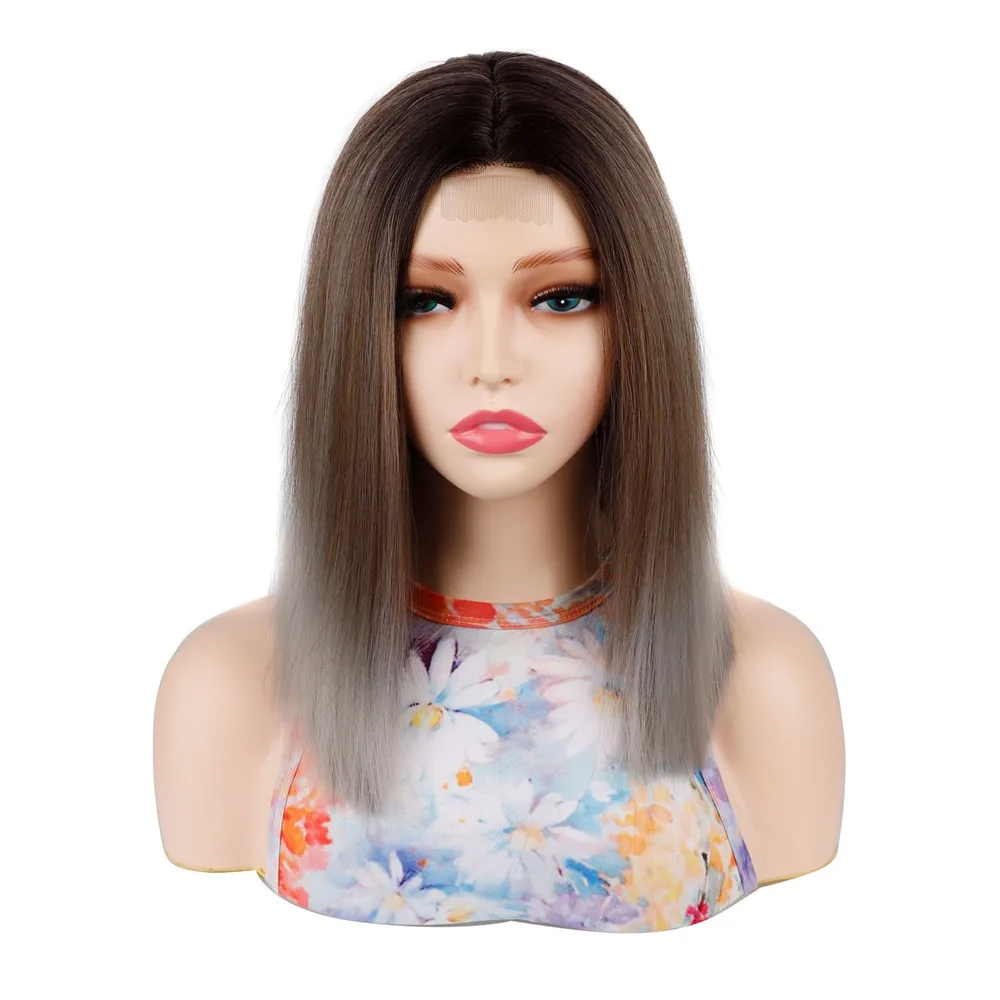 Short Bob Wig Chemical Fiber Small Lace Hair Dark Brown Gradient Silver Gray Headgear Middle Split Wave Cover Head