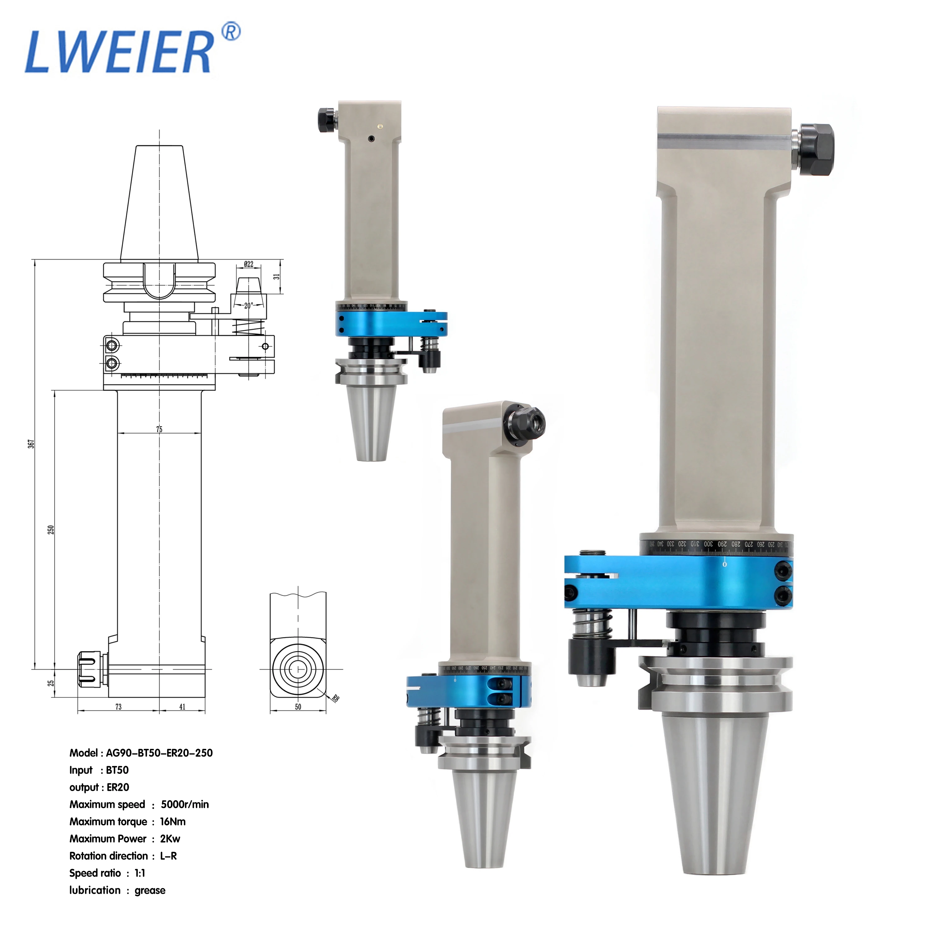 LWEIER Extended Angle Head AG90-BT50-ER20-250 Side Milling Head Drilling, Tapping, Drilling Machining Center Angle Head