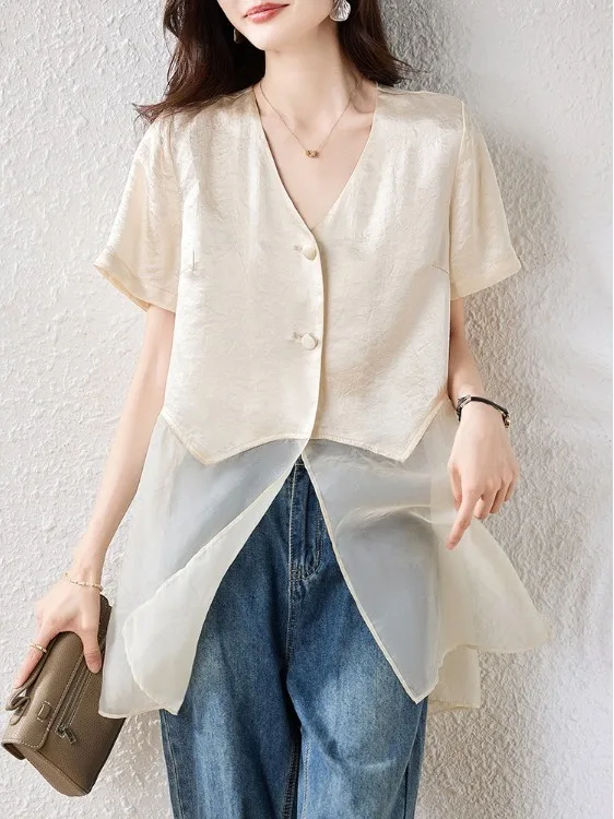 Women's ort Sve irt Luxury Sensation Summer Thin Sunscreen Middle Length Open Split Casual Faion V-ne Loose Fit