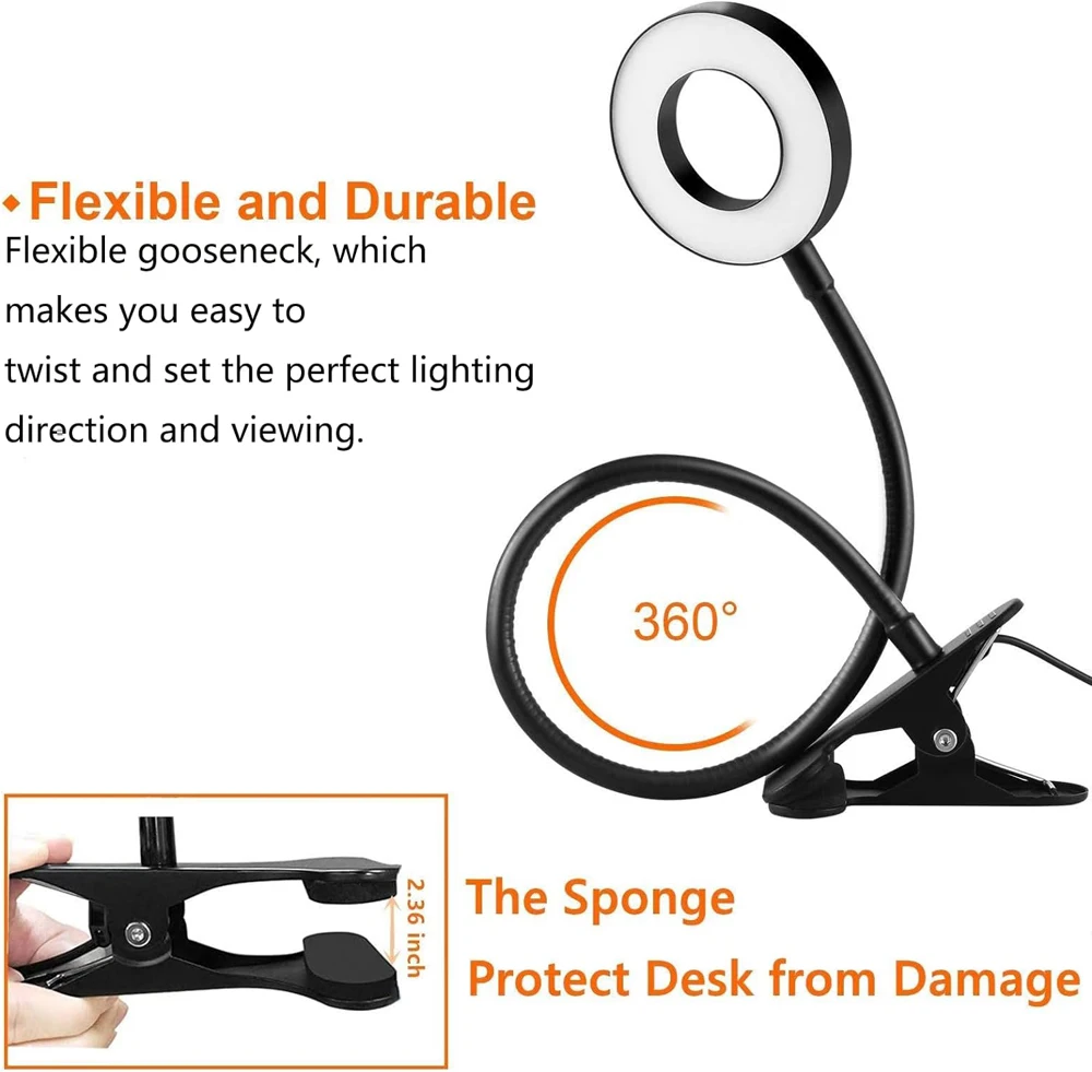 360° Flexible 48 LEDs Desk Lamp Clip USB Book Light Bedside Eye Protection Gooseneck Reading Light Brightness Adjustable 3 Level