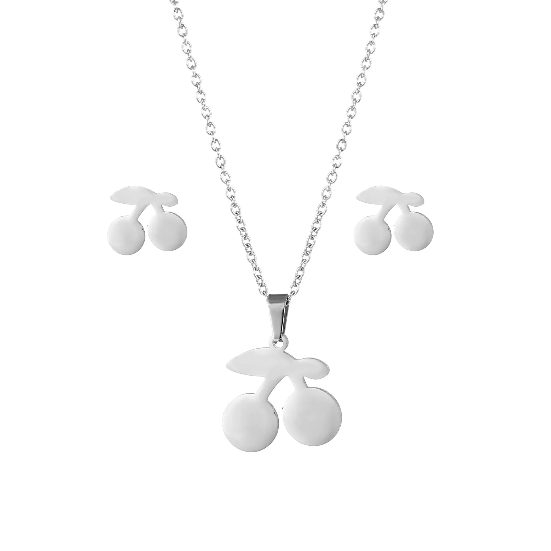 Stainless Steel Charm Necklaces Earrings Set Cartoon Lovely Cherry Pendants Collar Clavicle Chain Necklace Women Jewelry Gifts