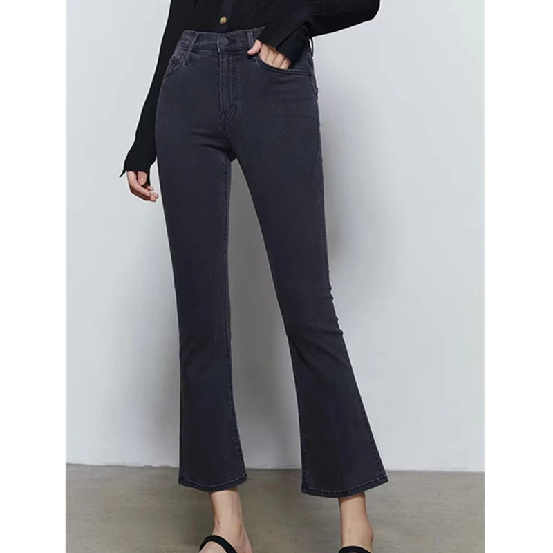 

Maxdutti Summer Jeans Minimalist High Waisted Carbon Gray Slim Fit Cropped Jeans Women's Denim Pants Flared Jeans For Women