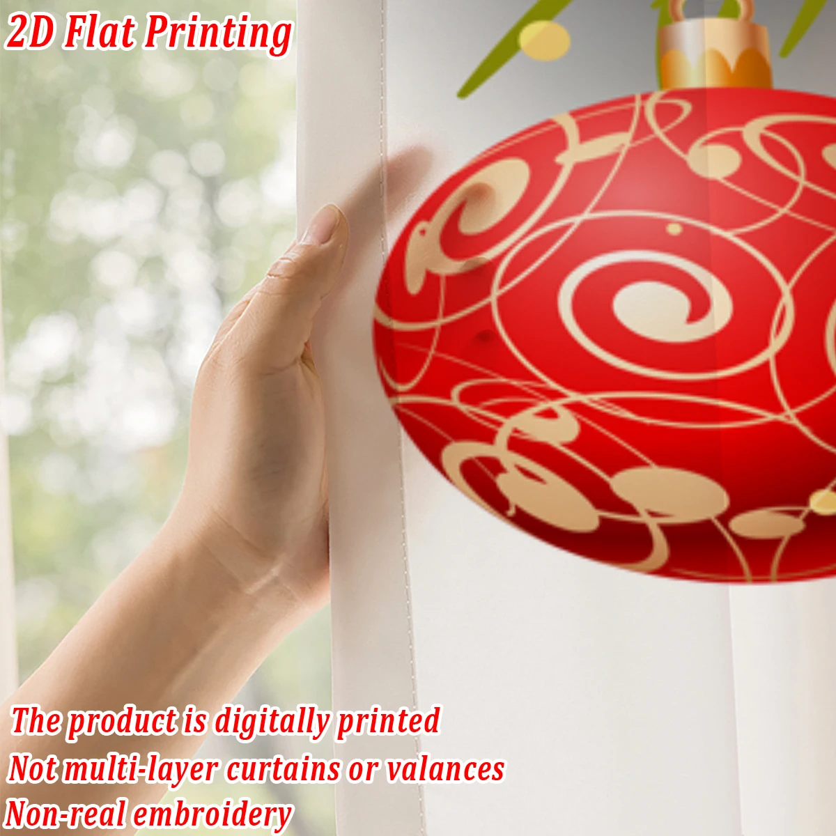 ستارة شفافة للمطبخ بطباعة مسطحة لعيد الميلاد مع فرع كرة عيد الميلاد على شكل نجمة من الصنوبر لحفلات ديكور المنزل في عيد الميلاد