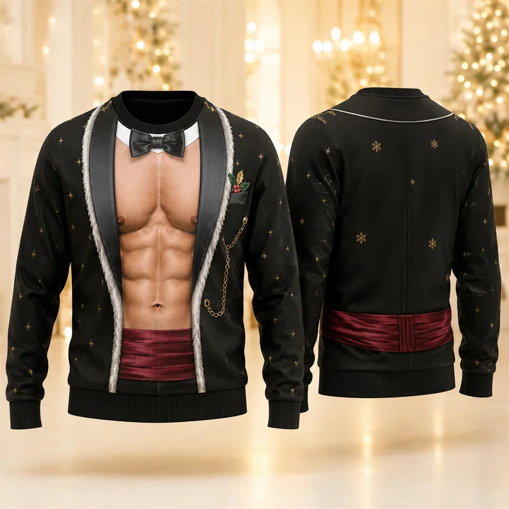 Christmas Costume 3D Print Fake Muscle Ugly Sweater For Men Holiday Funny Cosplay Santa Claus Crewneck Pullover Sweatshirt New