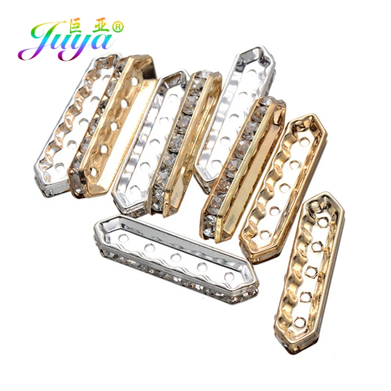 Juya DIY 50Pcs/Lot Gold/Silver Cz Rhinestones Metal Spacer Charm Beads Accessories For Beadwork Natural Stones Jewelry Making