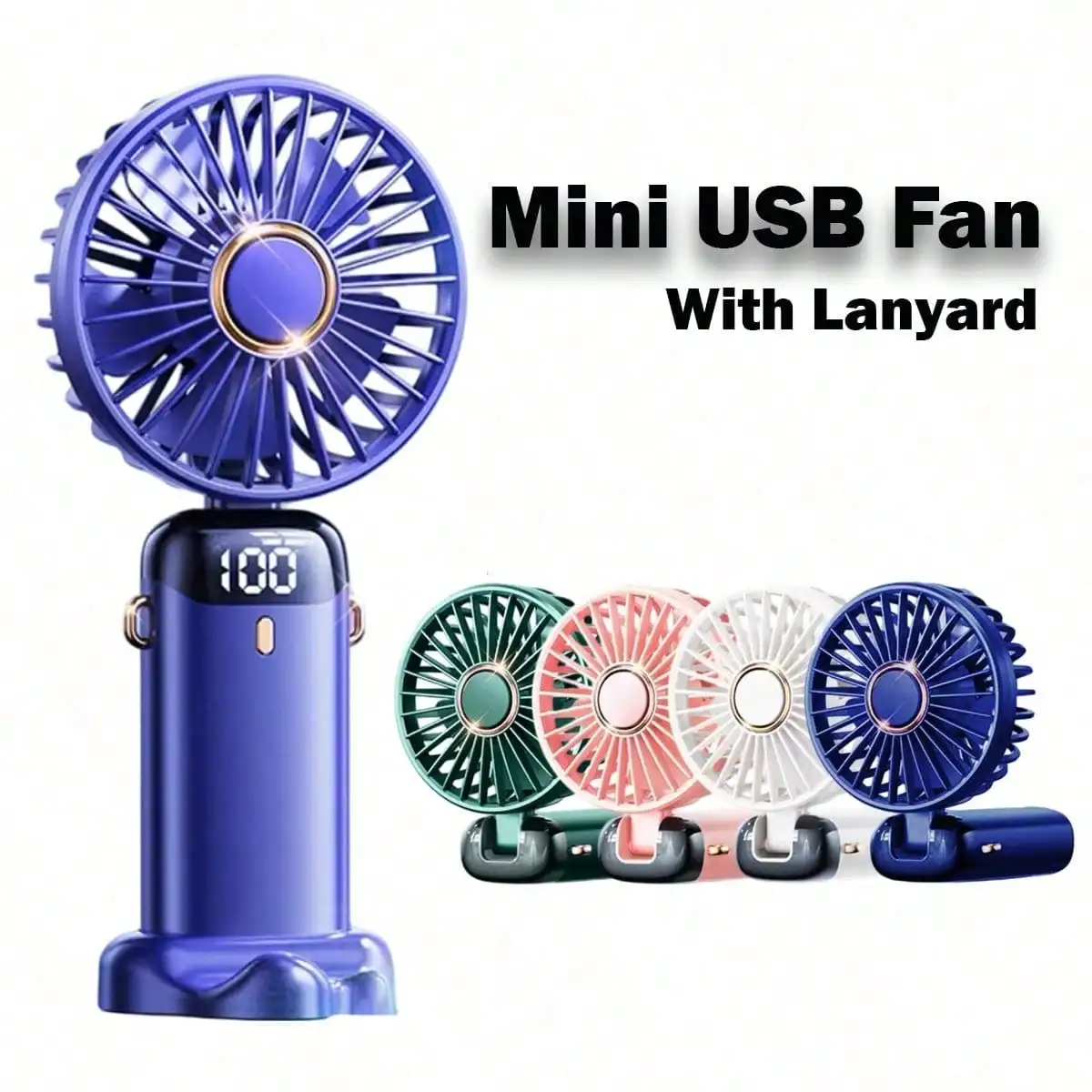 Portable Mini Fan, USB Rechargeable 6-Speed Adjustable LED Display Lanyard Fan, 90° Foldable Base Stand Fan, 3-in-1 Multifunctional Fast Cooling Outdoor Fan