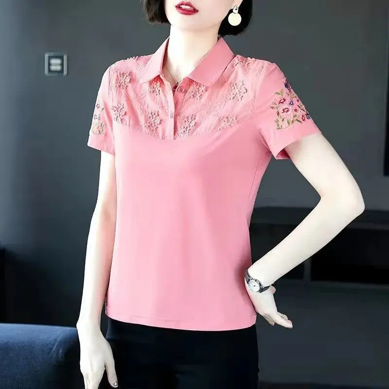 Summer New Turn-down Collar Short Sleeve Button Polo Shirts Women Solid Color Embroidered Pullovers Pure Cotton All-match Tops