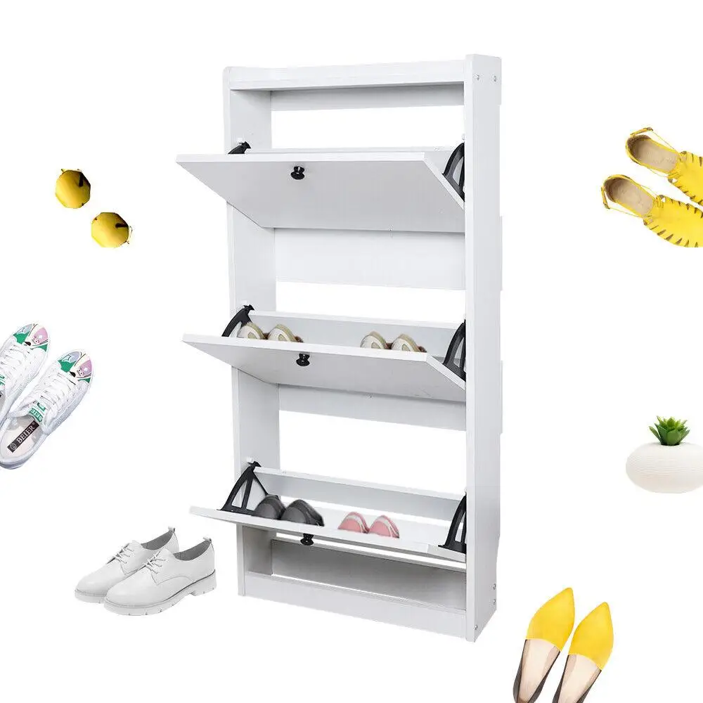 Modern 3-Tier Shoe Cabinet w/Flip Doors White Entryway Tipping Bucket Shoe Storage Rack Organizer Large Capacity Home Furniture