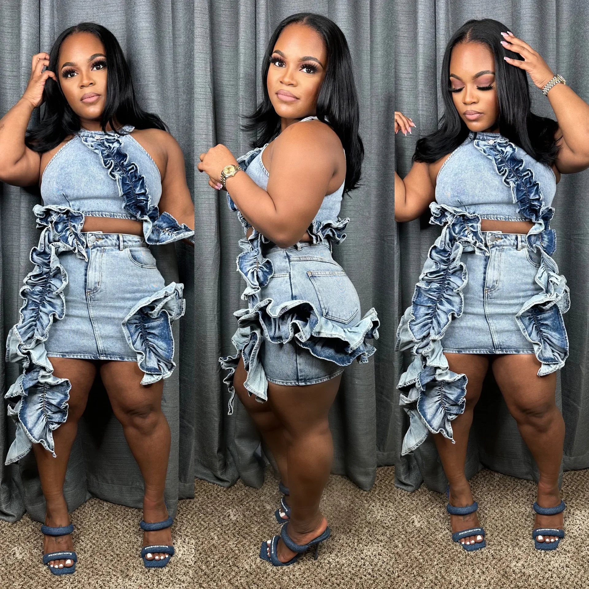 Denim Crop Tops 2 Piece Mini Skirt Sets Women Sexy Cargo Dress Y2K Denim Jean Two Piece Sets Summer Outfits Clothes Ruffle Dress