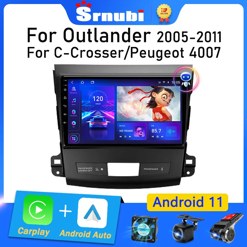 Srnubi Android 11 Car Radio for Mitsubishi Outlander 2 2005-2011 for Citroen C-Crosser Multimedia Player 2Din Carplay Stereo DVD