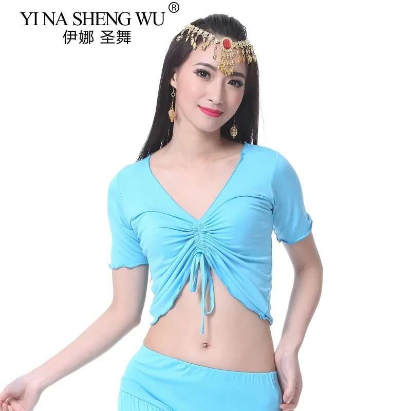 Costume di danza del ventre delle nuove donne Reggiseno superiore Manica corta Pieghettato Danza del ventre Pratica di yoga Top Coulisse Pieghettato Moda 9 colori