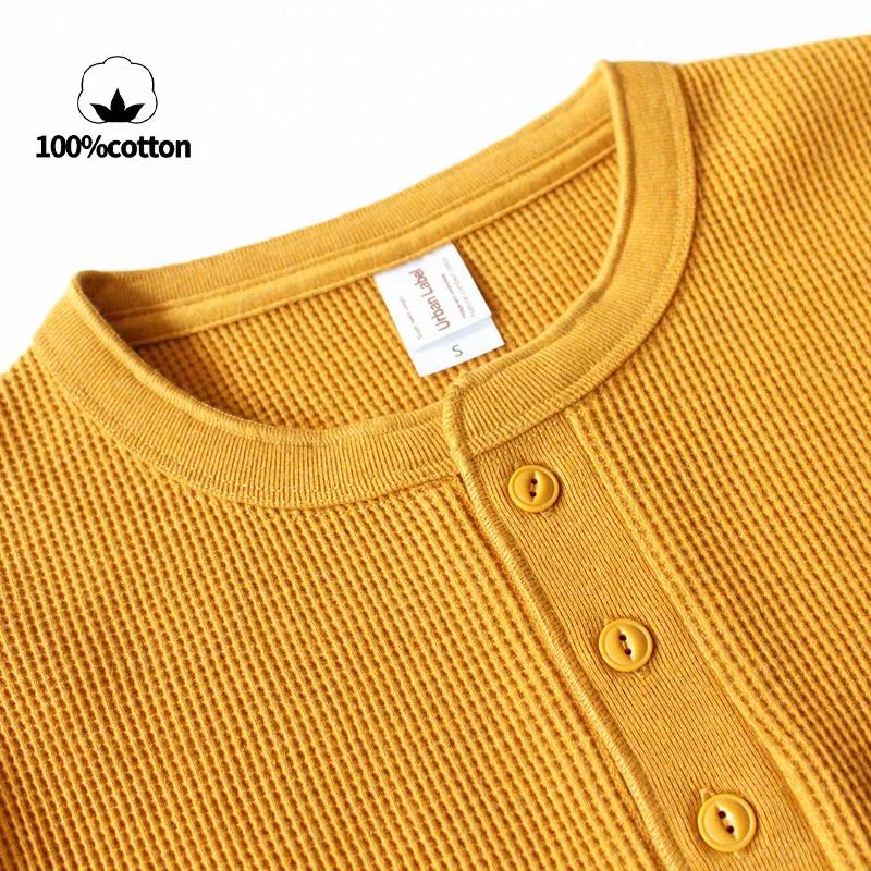 315g Heavyweight American Retro Style Waffle Pique 100% Cotton Henley Collar Long-Sleeved T-Shirt for Men - Slim Fit Base Layer