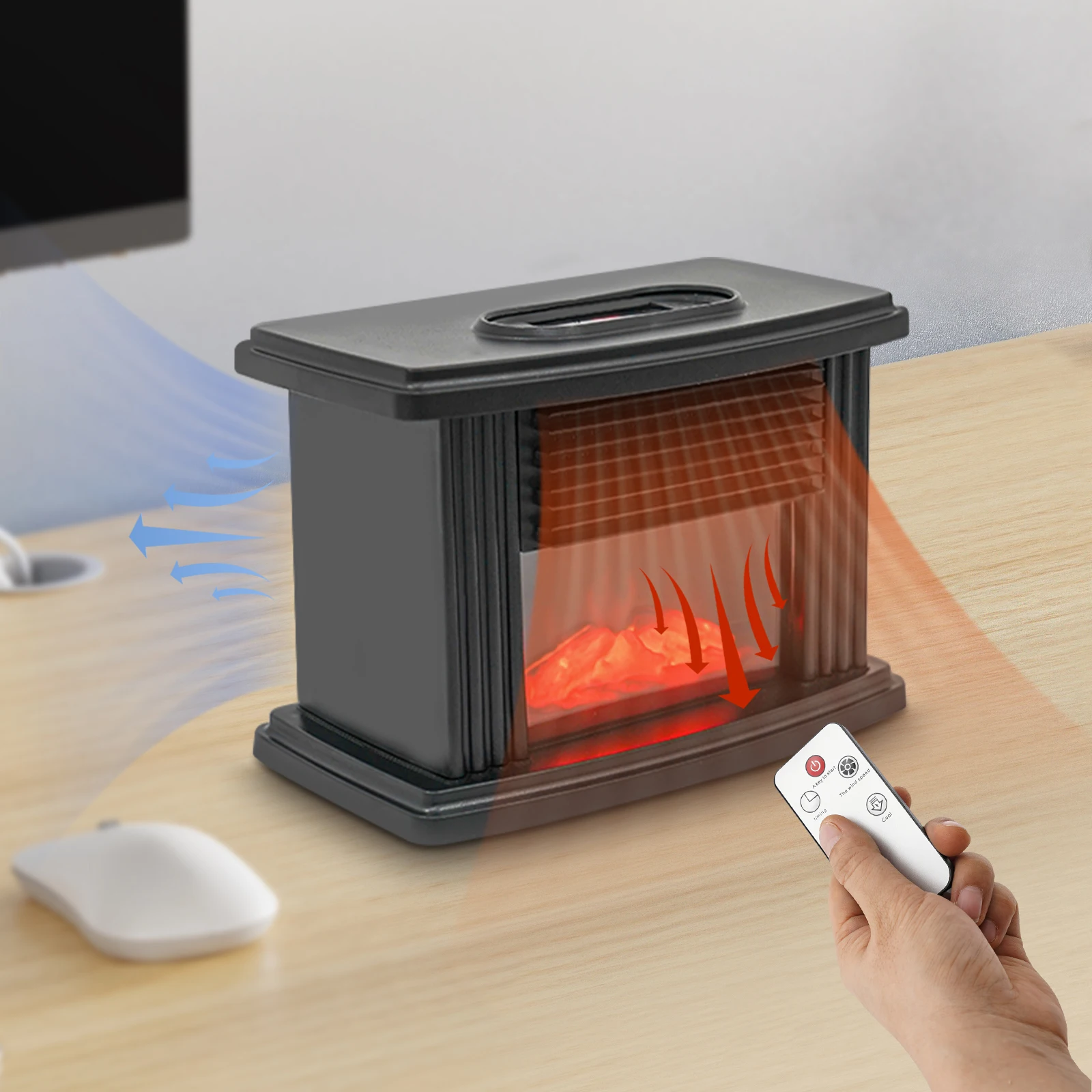 1000W Portable Mini Electric Fireplace Vertical Space Heater Electric Fireplace Air Heating w/ Dimmable Flame Effect Black