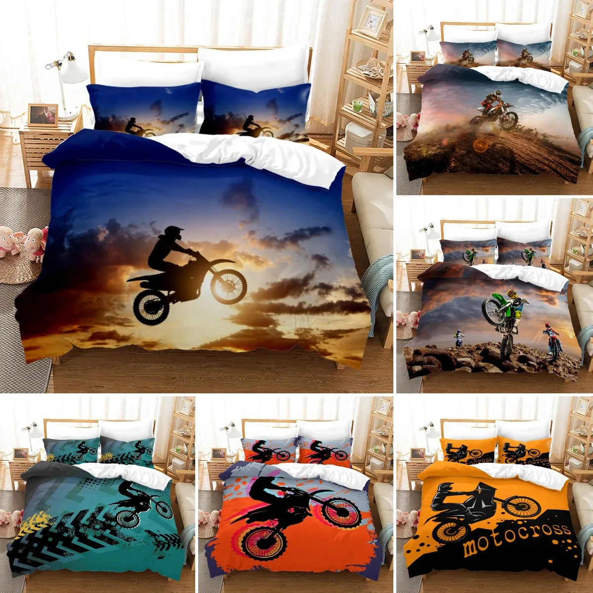 

Motorcycle Motocross Duvet Cover King/Queen Size, Teens Racing Dirt Bike Bedding, Motor Vehicles Extreme Sports Duvet Cover