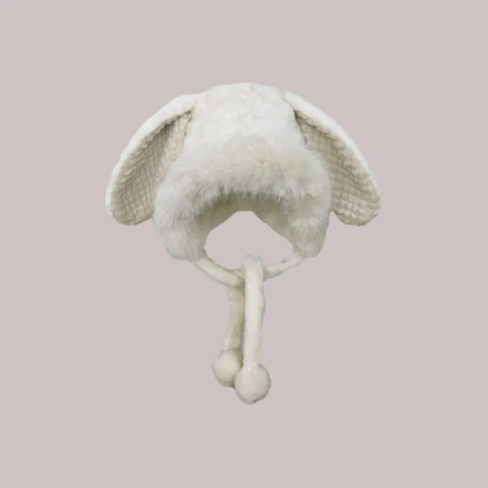 

Cute Warm Winter Hat Lacing Ear Protection Bear Ears Hat Woolen Velvet Bucket Hat Women