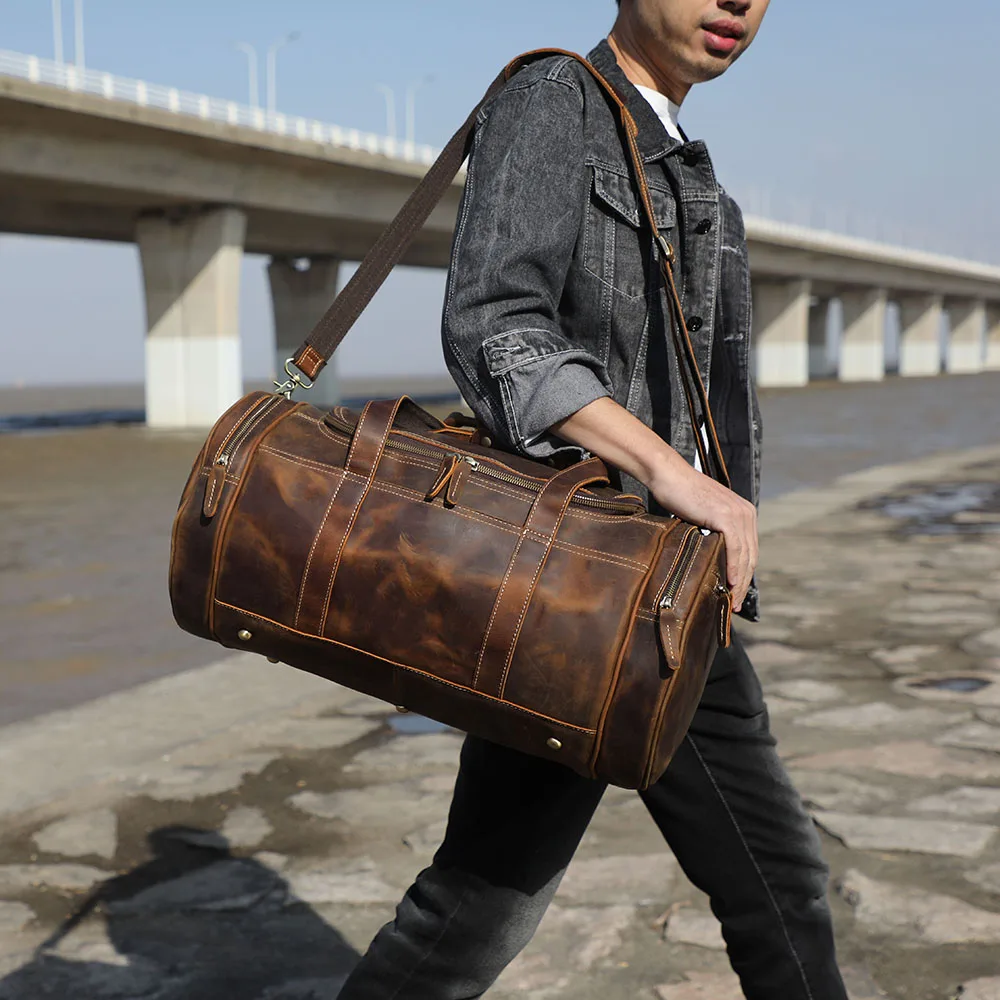 S.WORKER Vintage Vollnarbenleder-Reisetasche für Herren, Echtleder, Große Kapazität, Weekender-Reisetasche – Detail 4