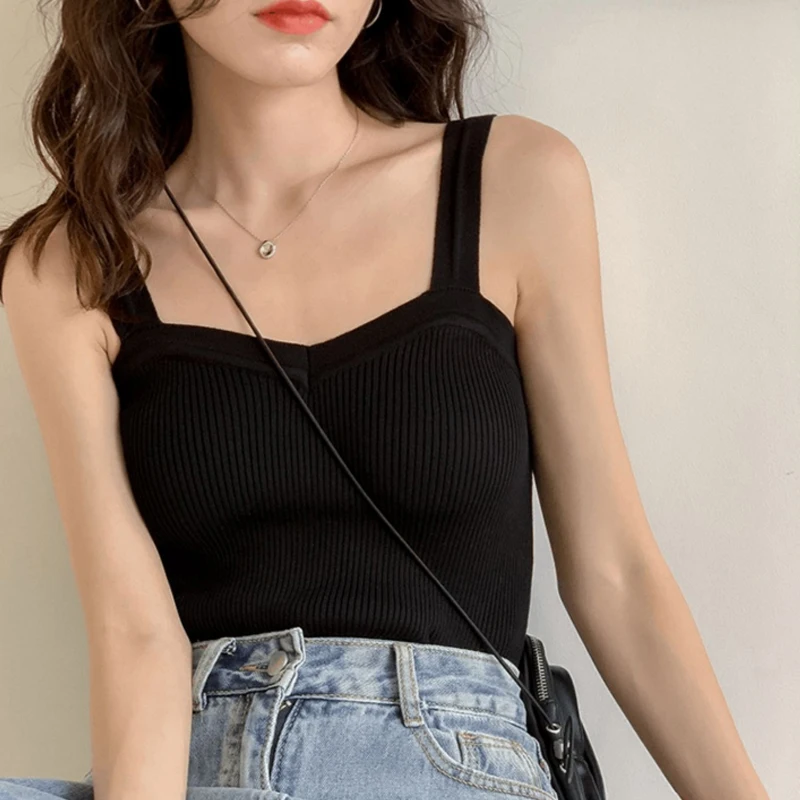 Female Sleeveless Casual Thin Tops Women's Knitted Camisole Crop Tops Wear Base Layer Top Korean Style Simple Slim Fit Tank Top