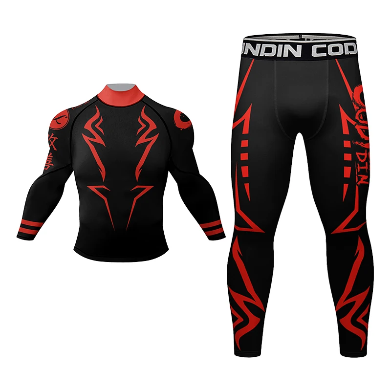 カスタムデザイン メンズMMAウェア ドライフィット スポーツシャツ+伸縮性バンド付きショーツ 抗ピリング 柔術 キックボクシング ラッシュガード 4点セット