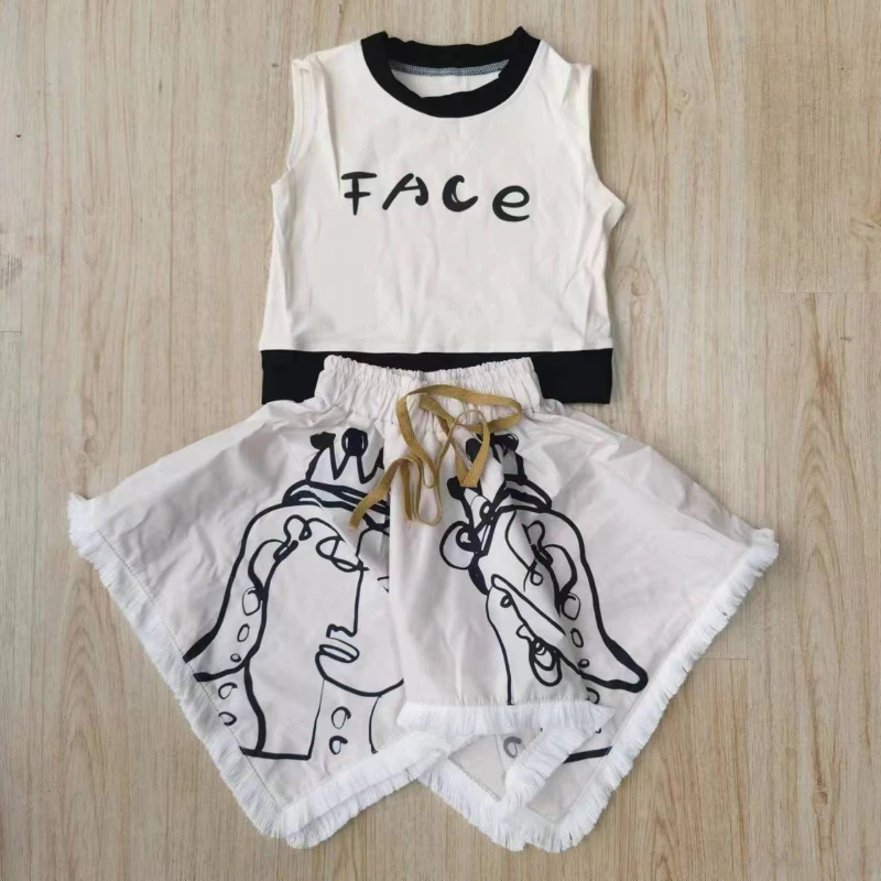 HoneyCherry Summer New Sleeveless Vest Half Skirt Set Girls Casual Graffiti Two Piece Set Kids Clothes Girls