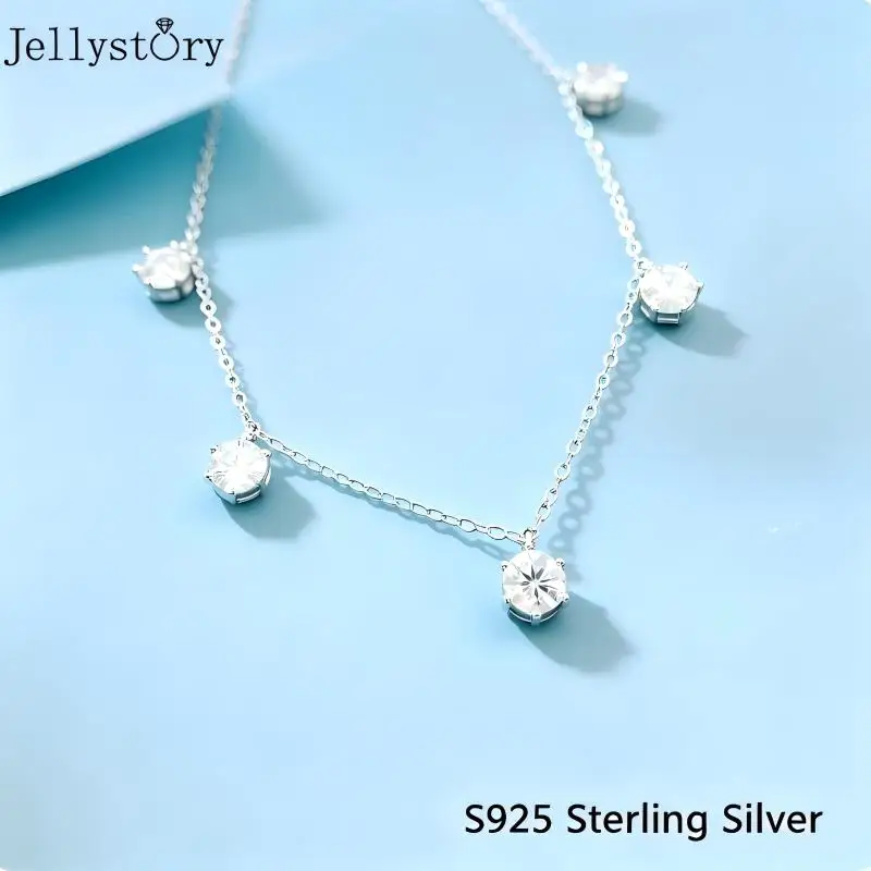 JellyStory 5-Stone Six-Prong Moissanite Necklace for Women, S925 Sterling Silver, Classic Clavicle Chain Jewelry