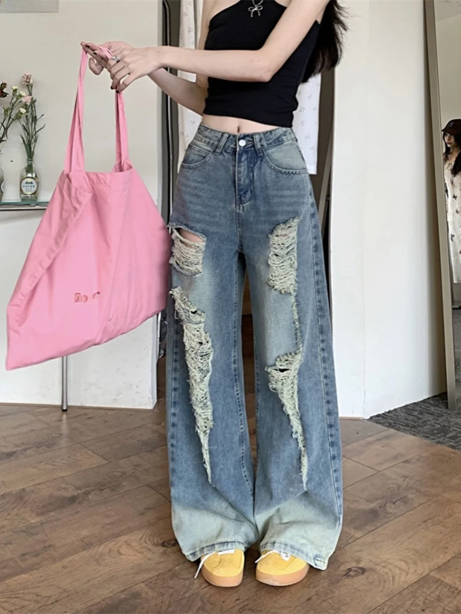 กางเกงยีนส์ทรงขาบานสไตล์อเมริกันเรโทรสีน้ำเงิน รุ่นใหม่ประจำฤดูร้อนปี 2024 เอวสูง ทรงตรง ยาวคลุมเท้า สไตล์ไฮสตรีท