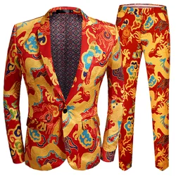 2024 Fashion Men‘s Casual Chinese Longteng Style Red Dragon Pattern Suit / Male Slim Stage Party 2 Pcs Blazers Sets Jacket Pants