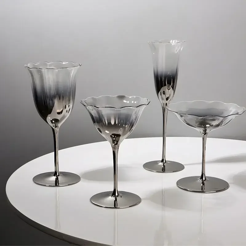 Electroplated Gradient Silver Crystal Glass Goblets Champagne Cocktail Glass Silver Fade Wine Glasses for Home Bar Wedding Party