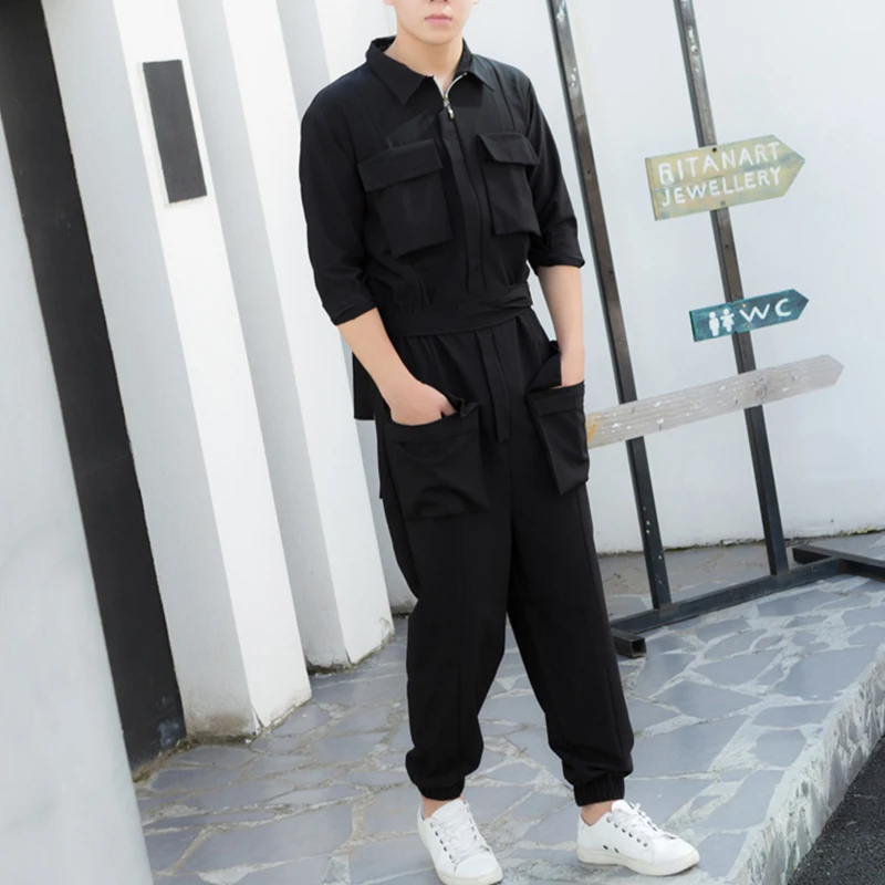 

Korean Spring New Male Cotton Jumpsuits Hair Stylist Slim Overalls Tide Men Fashion Casual Multi-pocket Nine Pants Plus Szie