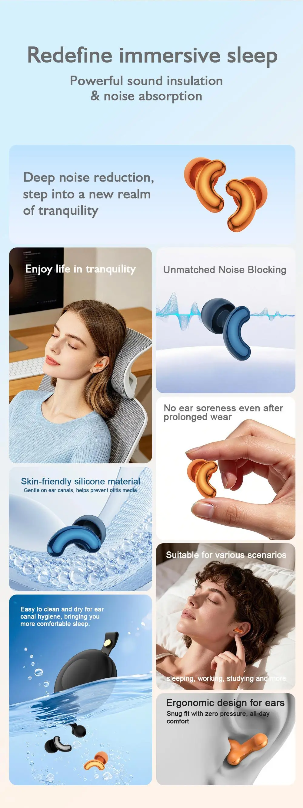 Silicone Ear Plugs for Sleeping 25dB Noise Cancelling Hearing Protection Reusable Earplugs for Sleep Focus Concerts Work Study