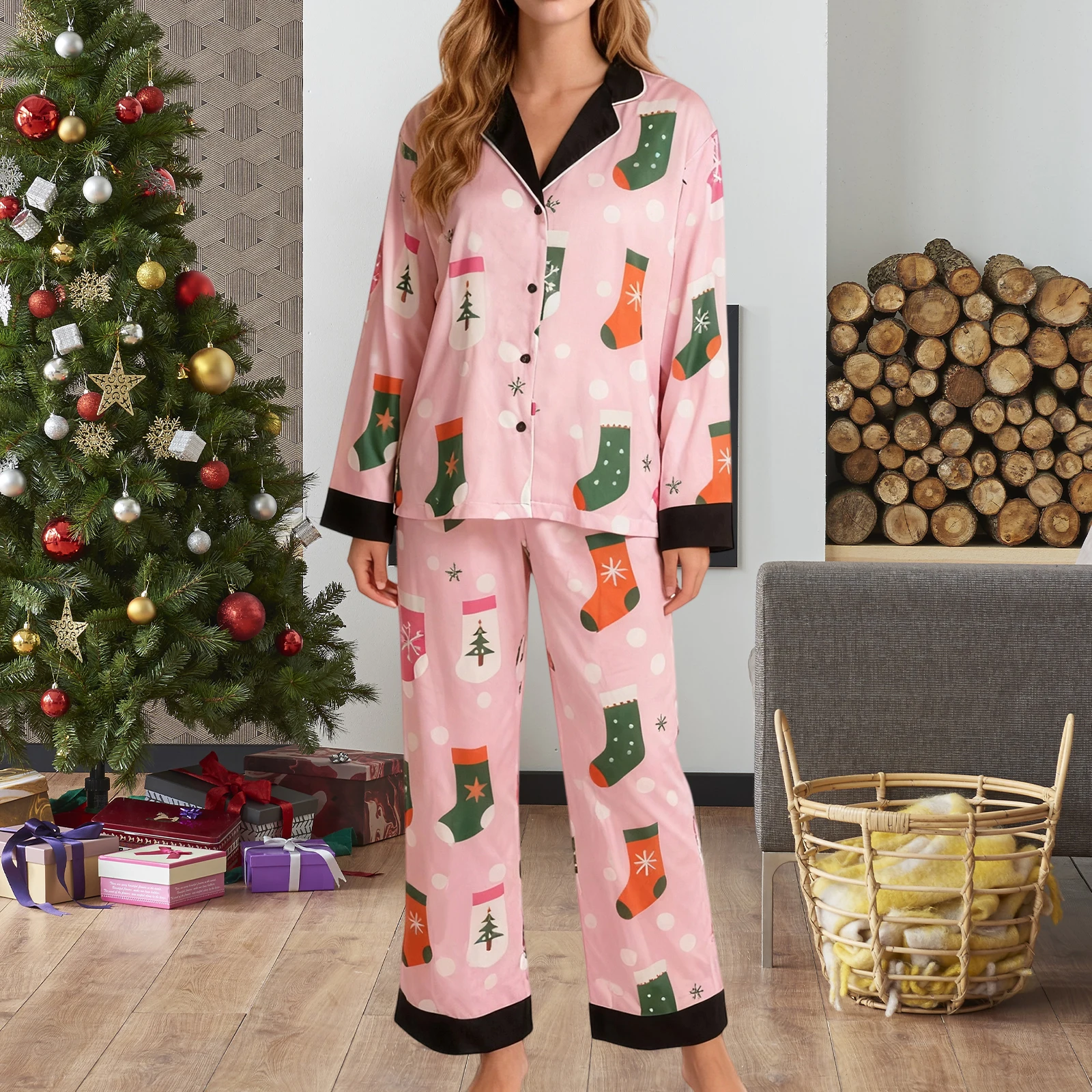 

Женский рождественский пижамный комплект, топы и брюки с длинным рукавом и v-образным вырезом, топы и брюки с принтом дерева, одежда для дома, костюмы из двух предметов