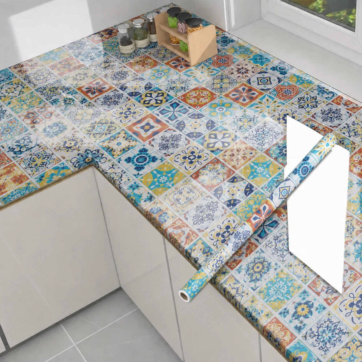 Self-Adhesive Wallpaper/Countertop Protective Film Oil-Proof Waterproof Cut-To-Size Peel-And-Stick Furniture Decor Sticker.