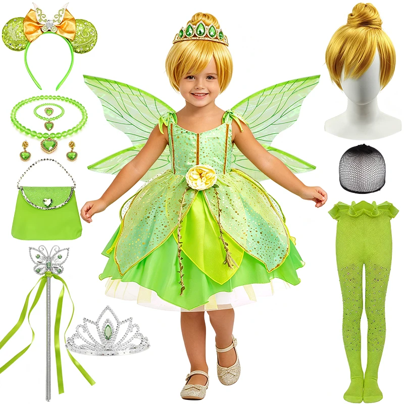 Tinker Bell Fairy Princess Girls Outfits Kids Green Fancy Dress Up Halloween Cosplay Birthday Themed Party Children's Costume