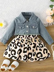 0-2 Years Old Summer New Baby Girl Spring And Autumn Sleeveless Fawn Print Dress Denim Embroidery Long Sleeve Jacket