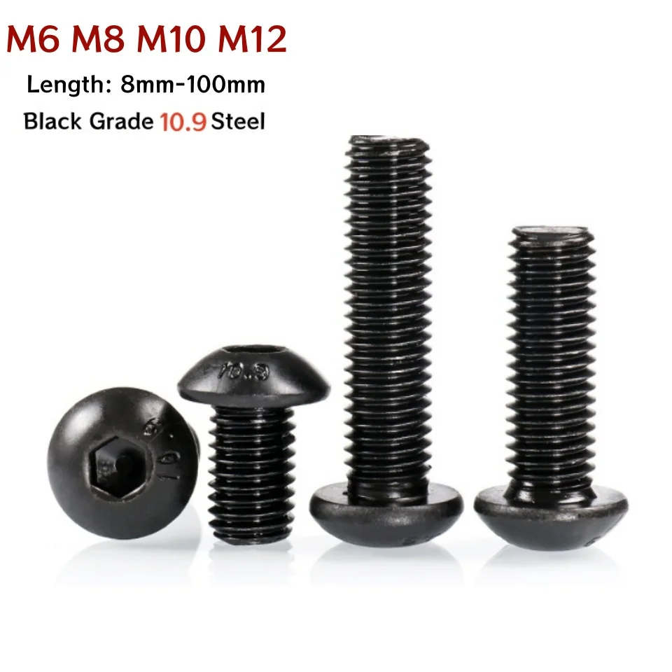 Black Hex Hexagon Socket Button Head Cap Screw M6 M8 M10 M12 Grade 10.9 Steel Mushroom Allen Bolt Machine Screws Length 8~100mm