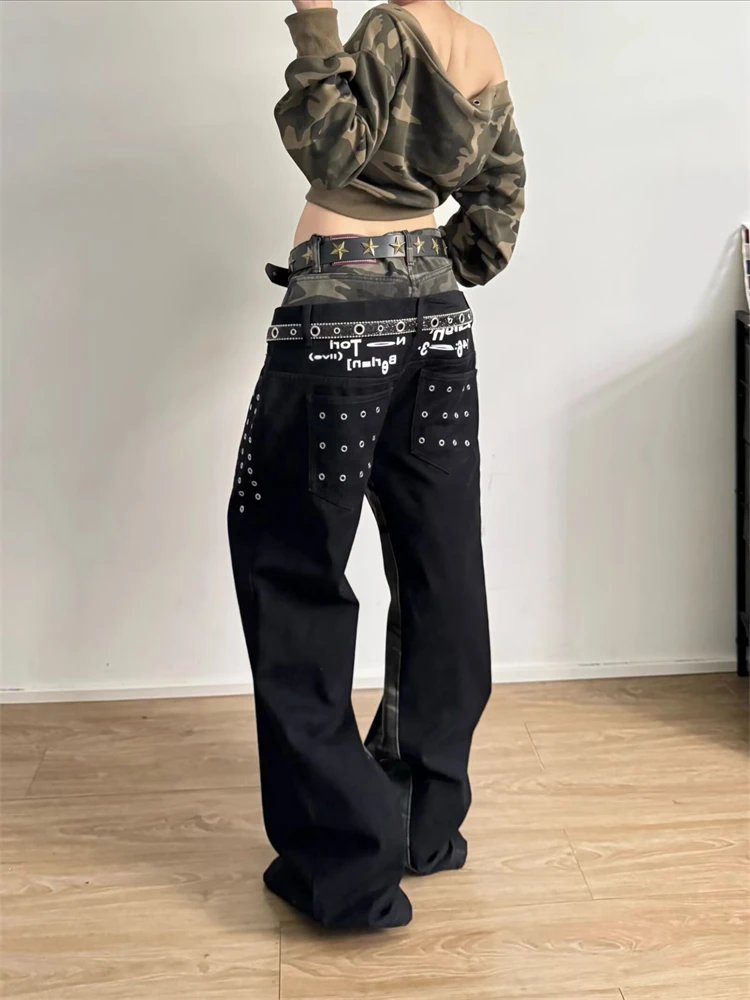 Women's Camouflage Splicing Casual Pants 90s Street Y2k Girl Wide Leg Bottoms Unisex Sweatpants Female High Waist Trousers