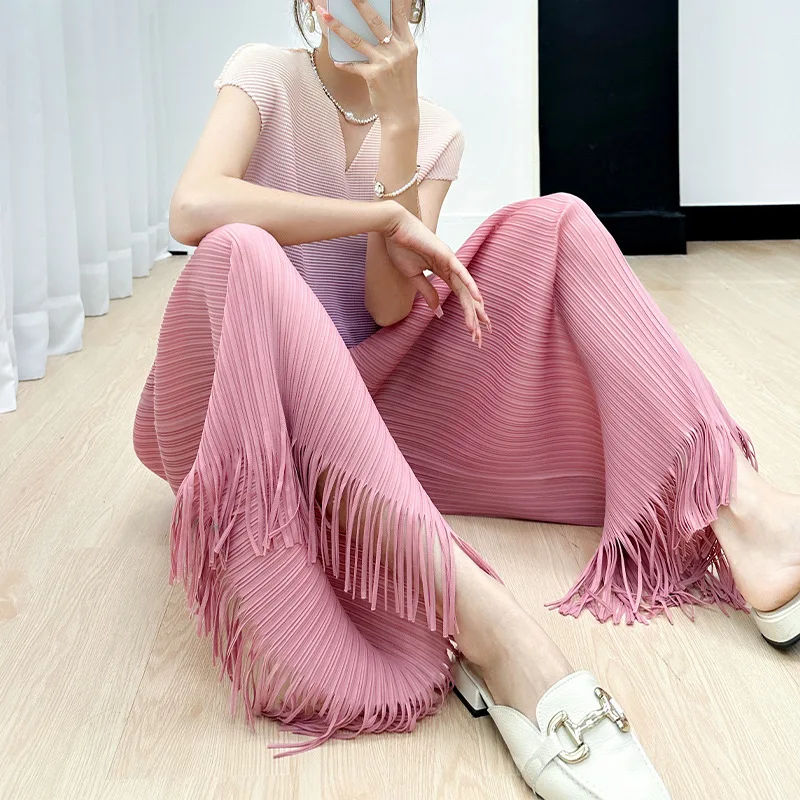 Miyake Pleated Casual Pants for Women 2023 Summer New Simple Solid Color Elegant Slim Fit Comfortable Tassel Straight-Leg Pants