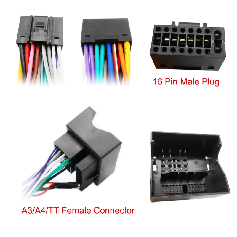 자동차 라디오 배선 하네스 16 핀 플러그 Quadlock 암 커넥터 안드로이드 시스템 헤드 유닛 Audi A3 8P A4 TT 용 RCA 케이블 어댑터