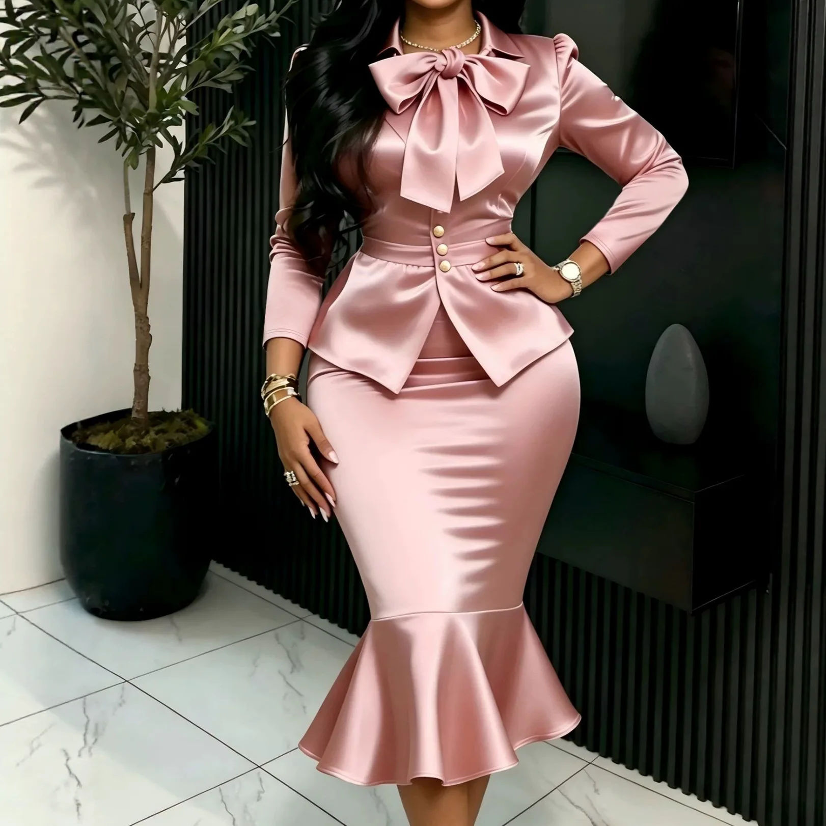 2026 Autumn New Elegant Satin Skirt with Bow Waist-cinching Blazer Fishtail Bodycon Dress Two-Piece Set
