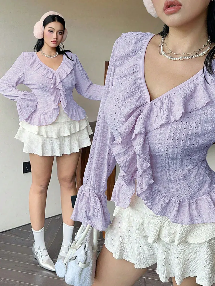 قميص علوي أنيق جديد مكشكش مقاس كبير مع حافة مكشكشة وحاشية غير منتظمة ملابس علوية Kpop تناسب الجميع مقاس كبير ملابس نسائية