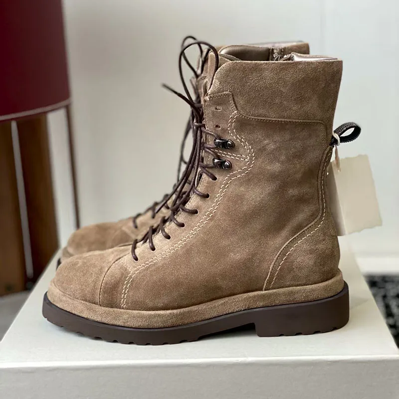 

Коровьи замшевые короткие сапоги Женские мотоциклетные ботинки с круглым носком на шнуровке Женские ботинки до середины икры на толстой подошве