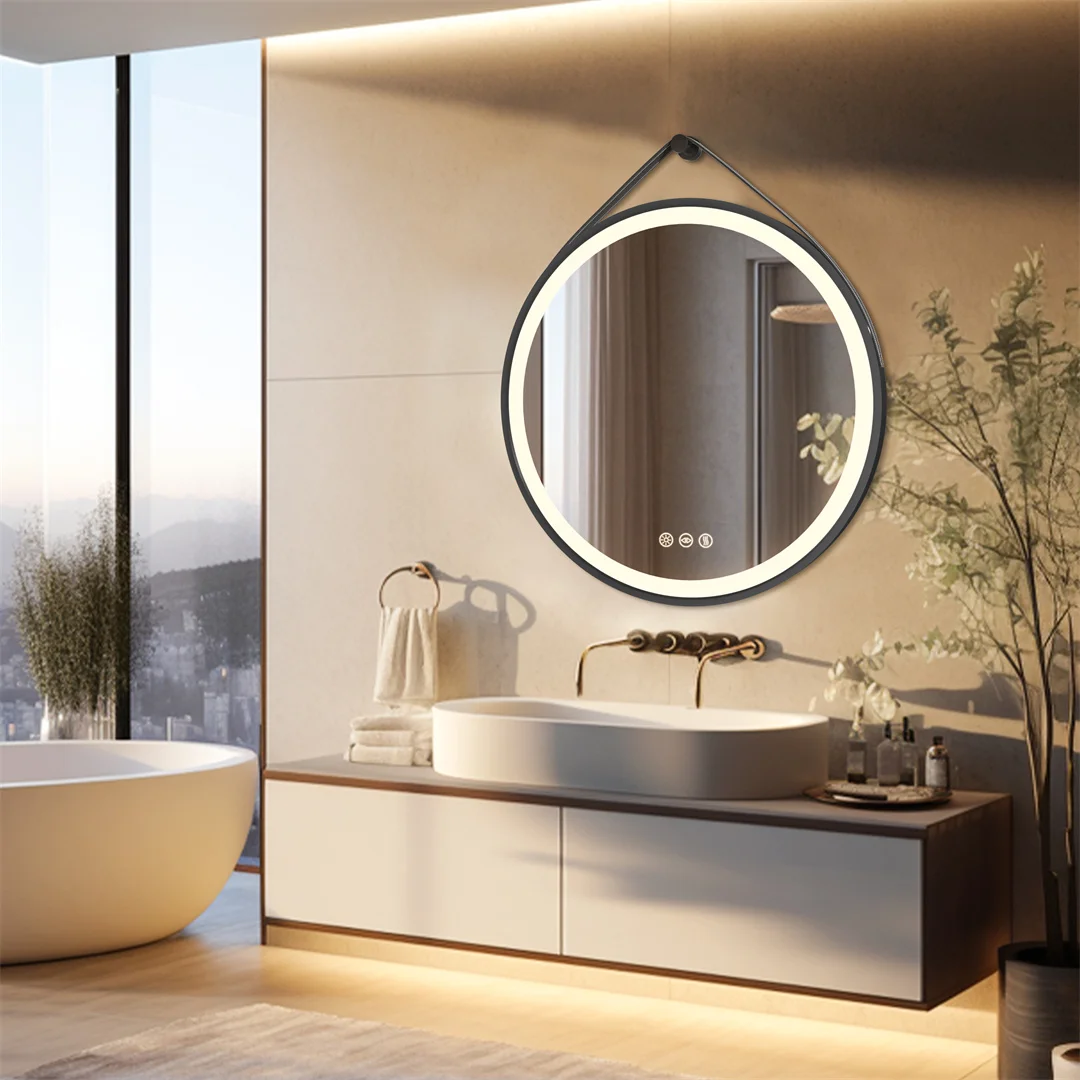 LUVODI Espelho redondo grande iluminado para banheiro de 32 "com sensor de toque Espelho de banheiro com moldura preta com luzes LED