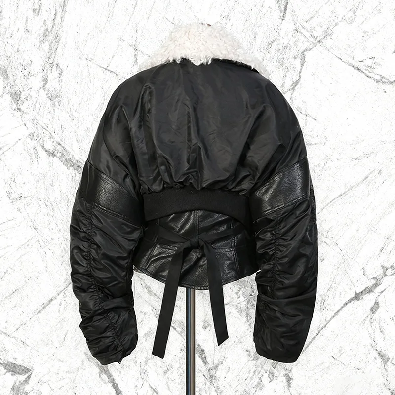 HKSH Autumn Winter New Women Cotton-padded Coat Pleated Sleeves Fur Collar Spliced PU Leather Waist Cinching Warm Jacket HK17097