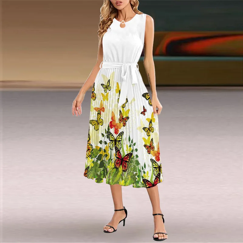 

Europe and America Border Foreign Trade Women's Clothing 2023 Summer New Thin Belt Sleeveless Pleated Skirt Dr