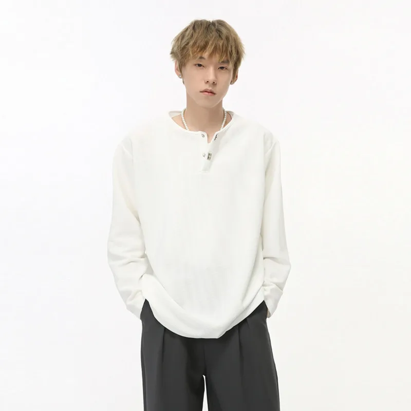 

Повседневная мужская футболка с металлической пряжкой, однотонные мужские топы с круглым воротником и длинным рукавом, простая Мужская одежда, осень 2024