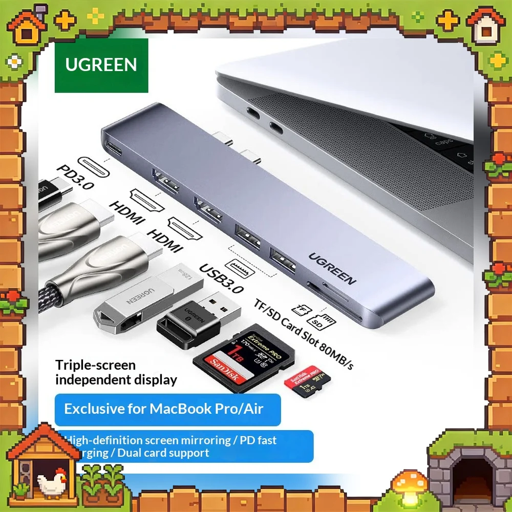 UGREEN 80548 CM356 USB C Hub Dual HDMI Multiport Adapter with USB 3.0 SD TF Card Reader and PD Charging for Laptop