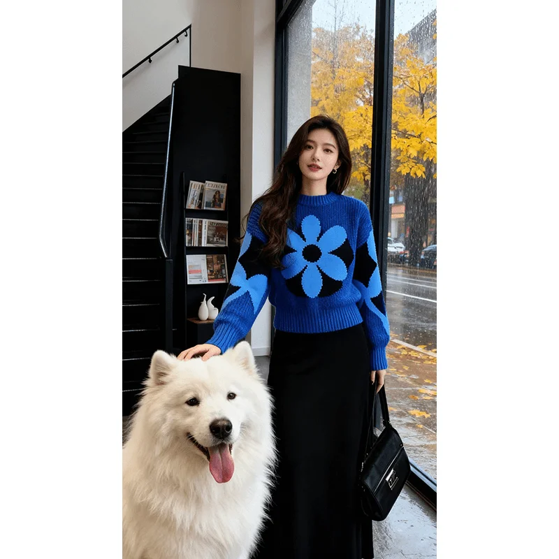 

Knitted Sweater Women's Faionable Printed Slimming Trendy Winter New Arrival Polyester Fiber Long Sve Crew Ne