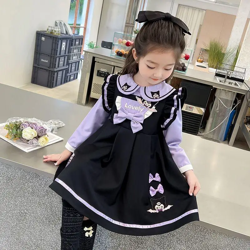 

Hot Sanrio Girl Cartoon Overall Dress Kuromi Children Spring Autumn Doll Collar Long Sleeves Skirt Suit Kawaii Fashion Skirt New