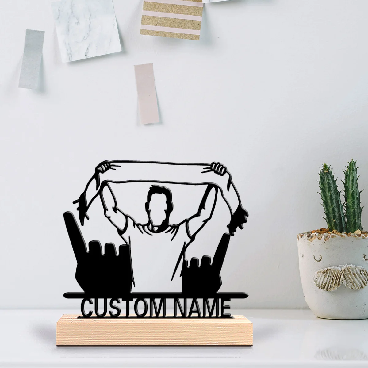 1pc Simple Shaking ball fan Customized Name Tin Statue Metal Ornament Art Figurine With Wood Base Iron Sculpture Home Table - view 4