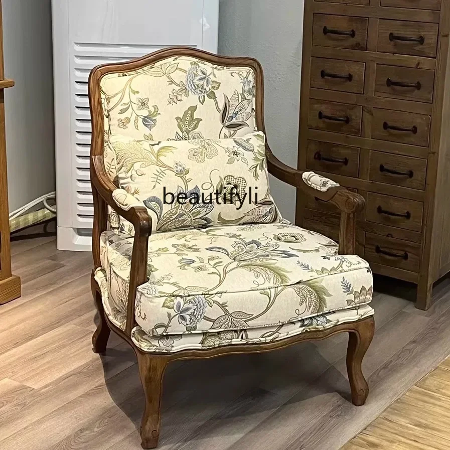 French solid wood tiger chair American living room European antique single jacquard fabric casual sofa chair