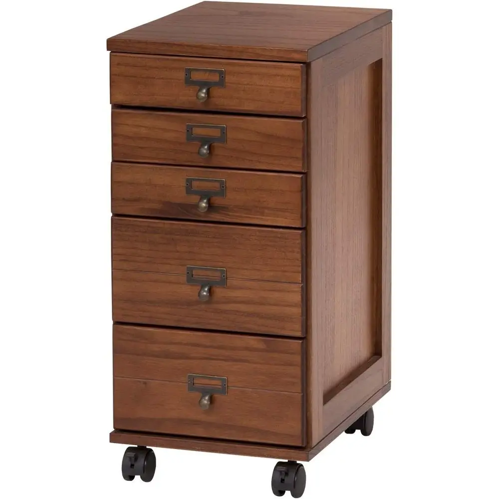 

Multi-Level A4 Document Chest, 5 Drawers, Natural Wood, Brown, with Casters and Nameplate